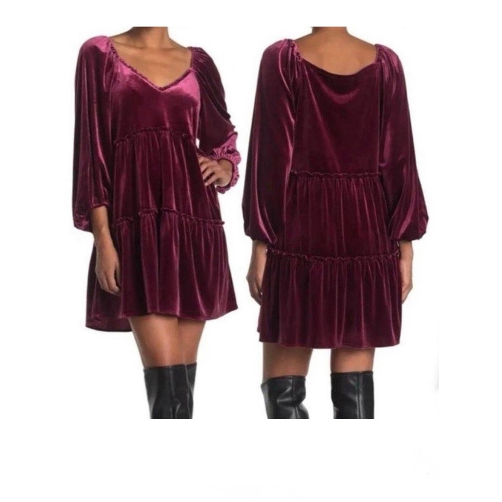 Betsey Johnson Burgundy Velvet Tiered Mini Dress Bishop Sleeve JL308559 Womens L